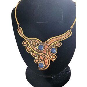 Vintage Brass  Copper Necklace With Blue lapis  Accents HTF brutalist artist